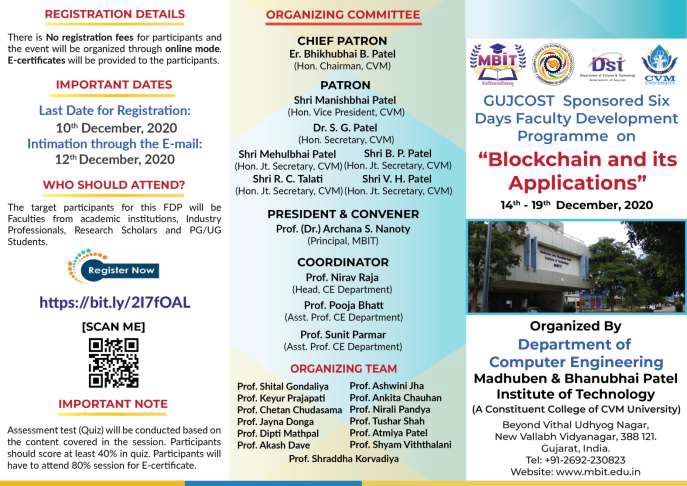 GUJCOST Sponsored 6 Days FDP on “Blockchain & its Application”