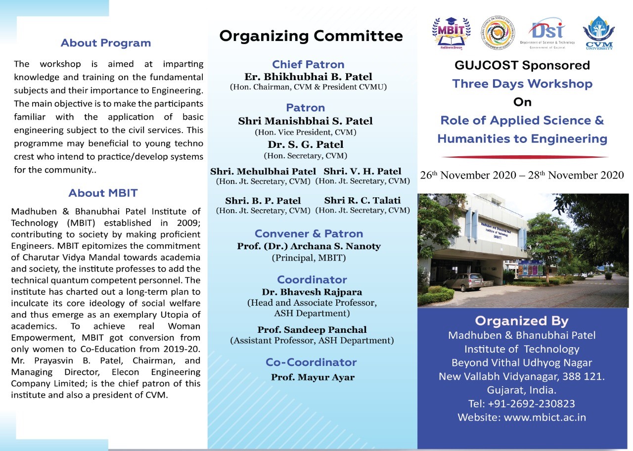 Three Days Workshop on “Role of Applied Science & Humanities to Engineering”